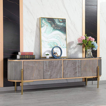 Contemporary Oval Gray TV Stand Faux Marble Top Media Console 4 Doors 2 Shelves-Wehomz-Furniture,Living Room Furniture,TV Stands
